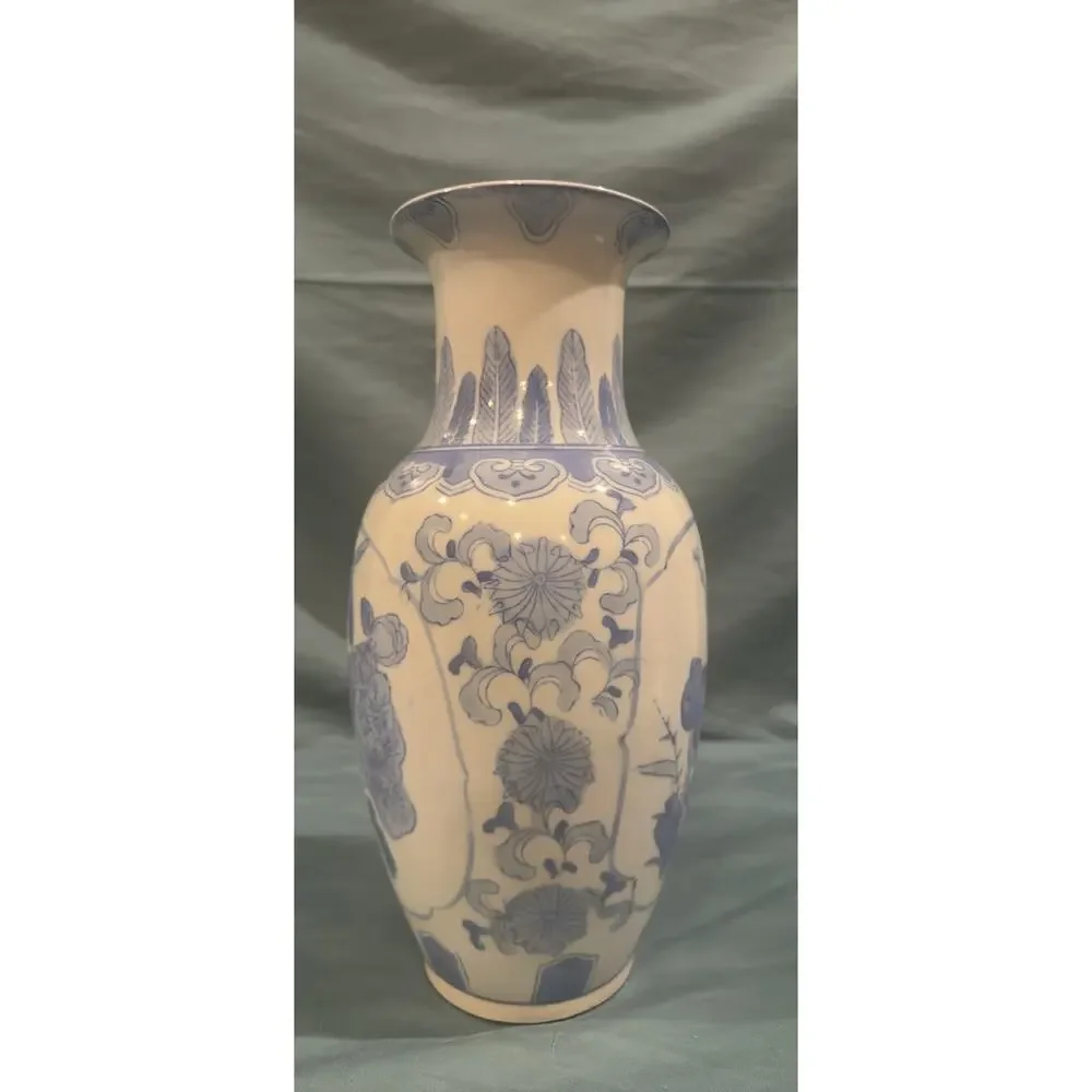 Vintage Blue and White Chinoiserie Porcelain Bird and Floral Baluster Vase